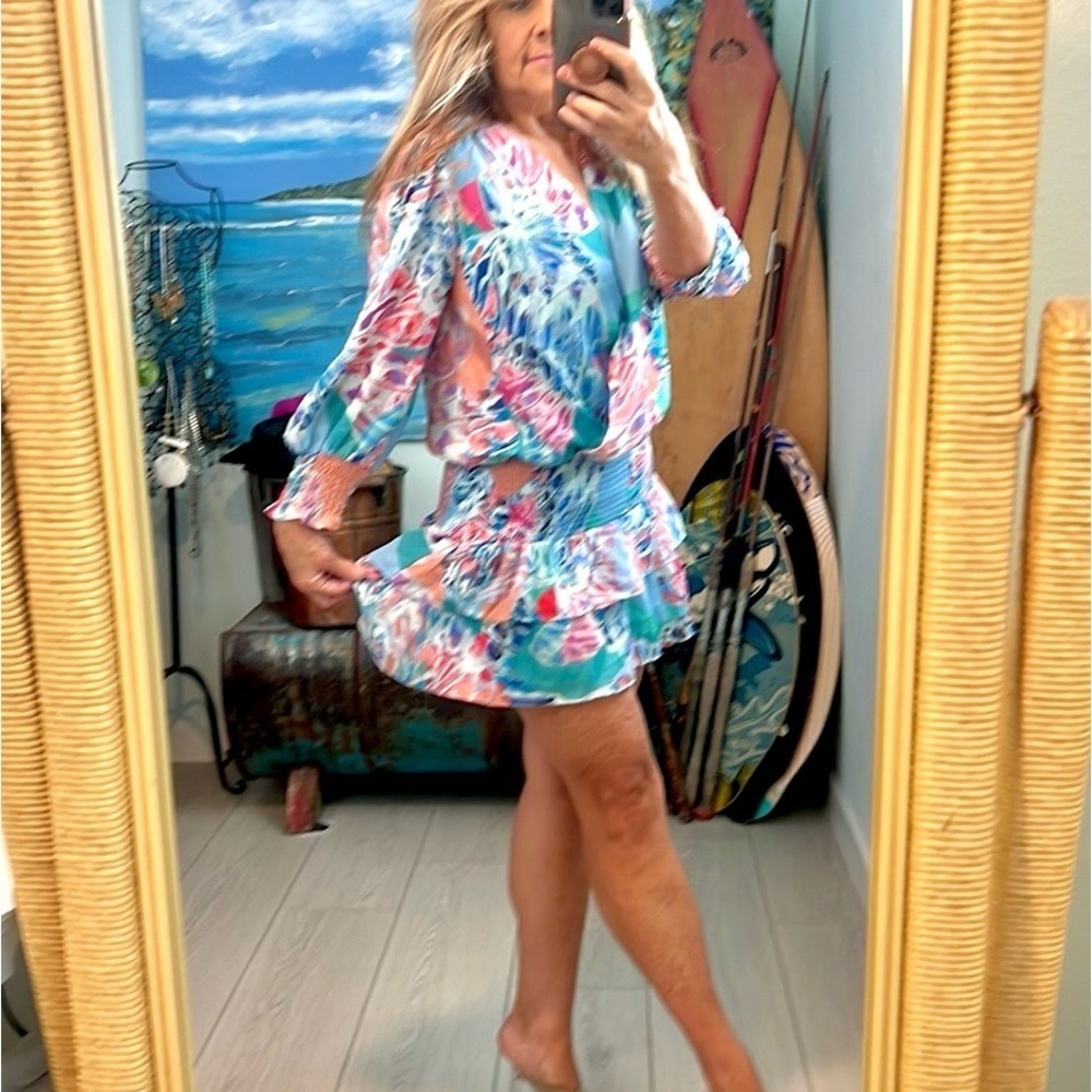 NWT,Amanda Uprichard Floral Mini Dress Pastel Ruffle Smocked Waist Resort SIZE S - Picture 6 of 9